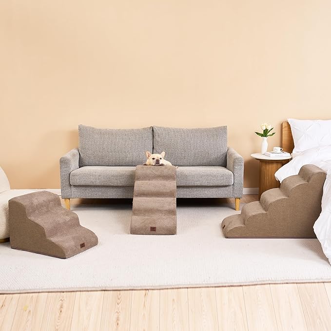 EHEYCIGA Curved Dog Stairs Ramp for High Beds 19.7" H, 4-Step Dog Steps for Small Dogs and Cats, Pet Stairs for High Bed Climbing, Non-Slip Balanced Pet Step Indoor, Camel