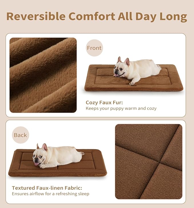 Made4Pets Dog Crate Pad Bed for Large Dogs, Washable & Reversible, Anti-Slip Kennel Mat for Cozy Sleeping, Soft Fluffy Dog Bed for Indoor & Outdoor Use, 36"x27", Brown