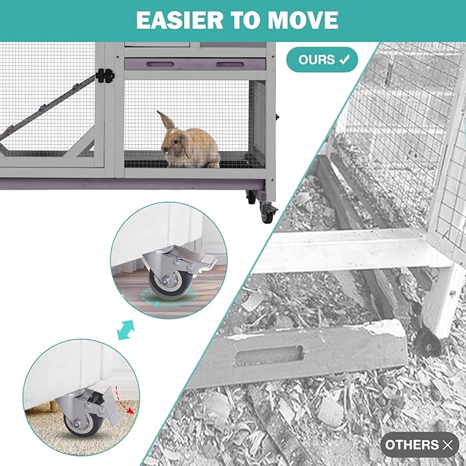 Rabbit Hutch Indoor for 2-4 Rabbits & Guinea Pigs，Bunny Cage with Slide-Out Plastic Trays，Wooden Small Animal Cage for Rabbits, Bunnies, and Guinea Pigs