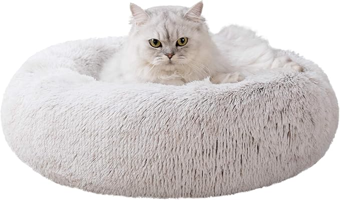 Love's cabin Calming Cat Bed for Indoor Cats, Anti-Anxiety Donut Round Dog Bed, Fluffy Faux Fur Washable Pet Bed for Small Medium Dogs and Cats,Tie-Dye/Coffee,20in