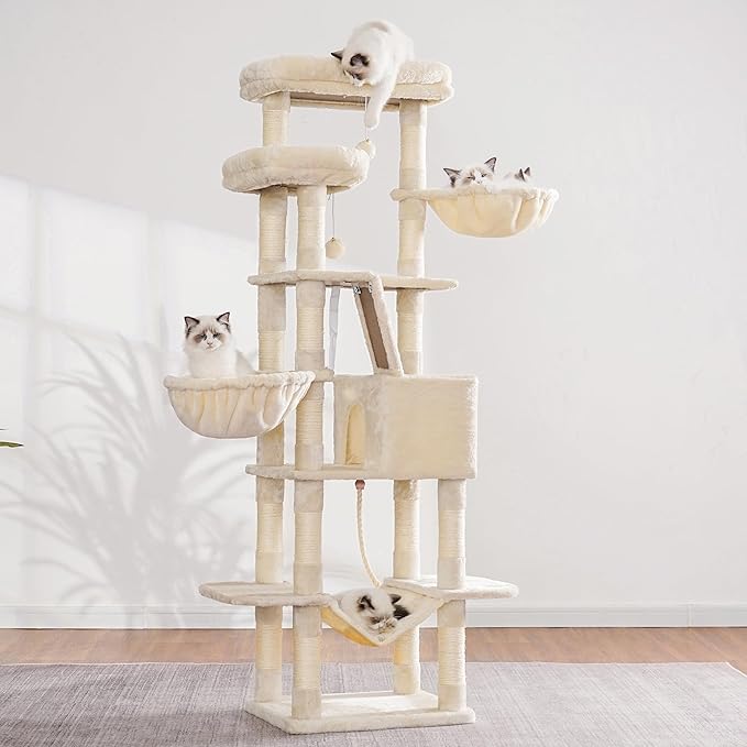 Heybly Cat Tree, 68 inch Multi-Level Cat Tower for Indoor Cats, 2 Widened Plush Perches Cat Condo with Scratching Board and Big Caves, Beige HCT025M