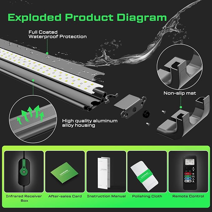 LED Aquarium Light with Remote, IP67 Waterproof Freshwater Planted Grow Light, Full Spectrum Fish Tank Light with Timer, Dimmable RGB+W, Upgrade Appearance, High Performance (48-53inch)