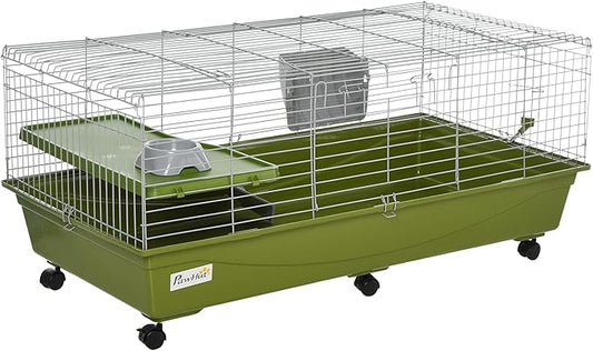 PawHut 47" L Small Animal Cage, Rolling Bunny Cage, Guinea Pig Cage with Food Dish, Water Bottle, Hay Feeder, Platform, Ramp for Chinchilla, Green