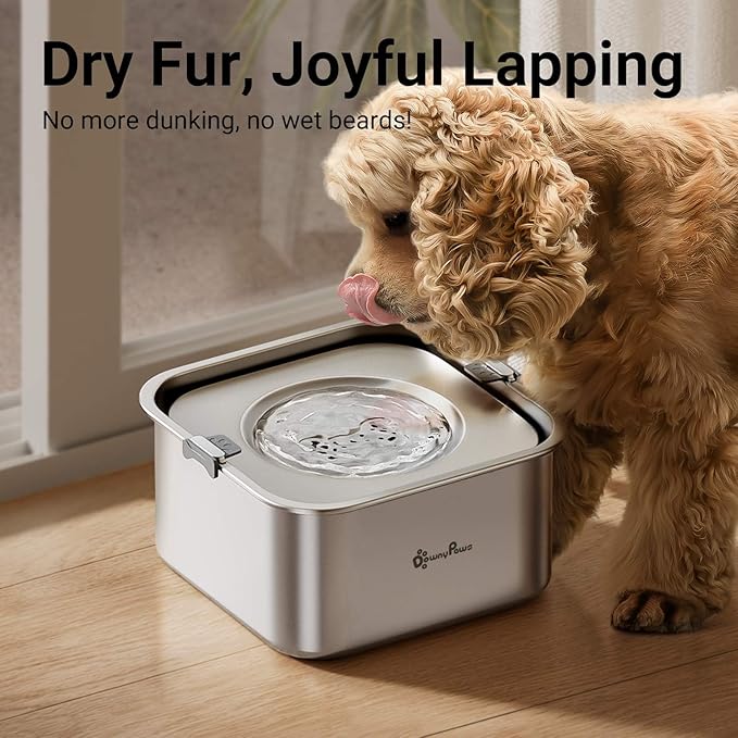 DownyPaws No Spill Water Bowl for Dogs,101oz/3L Stainless Steel Slobber Stopper, No Drip Slow Drinking Dog Water Bowl, No Mess Dog Water Dispenser Spill Proof, Dishwasher Safe, Silver
