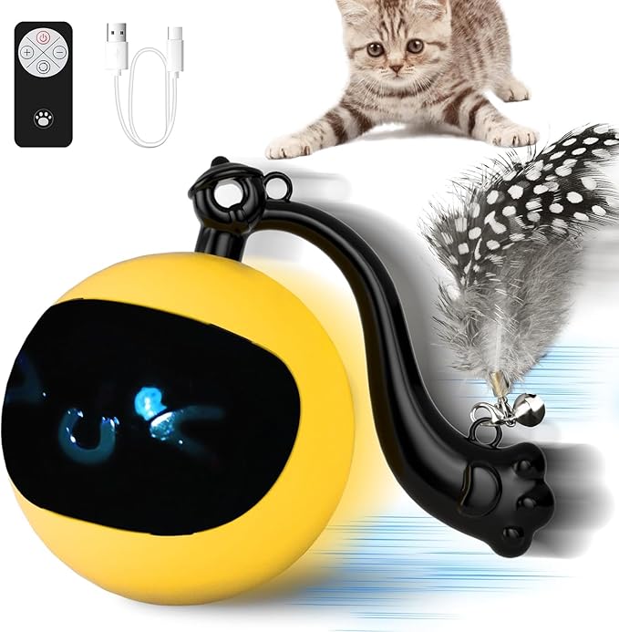 Interactive Cat Ball Toy with Remote Control, Automatic Moving Cat Toys Ball with Feather Tail, Electric Puzzle Toy for Chasing and Hunting (Yellow)