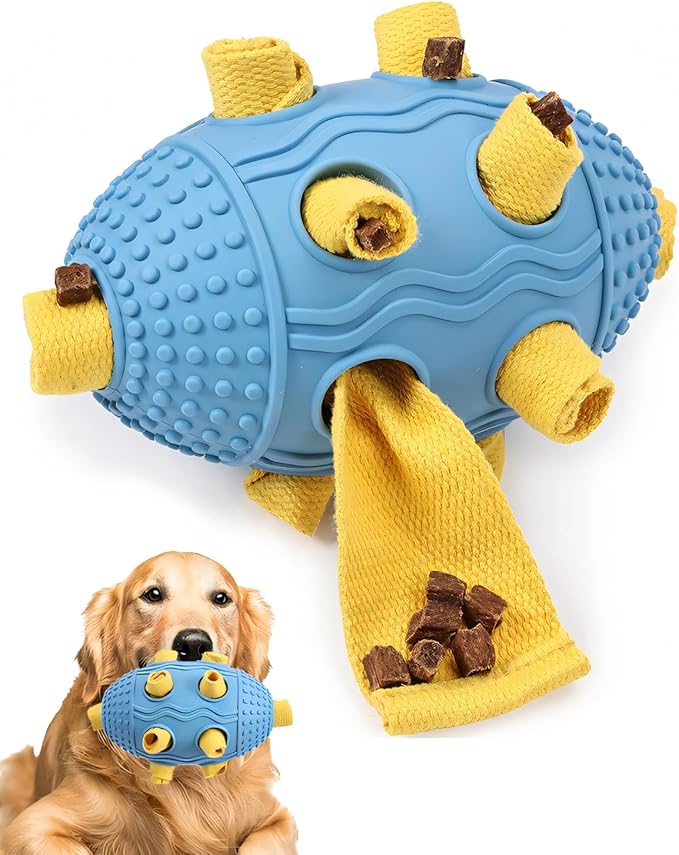 Interactive Dog Toy with Natural Rubber Soccer Design, Dental Care, Pet Energy Relief Brain Teaser Toy, Activity Training Foraging Toy, Mentally Stimulating Slow Feeder Dog Treat Dispenser Blue
