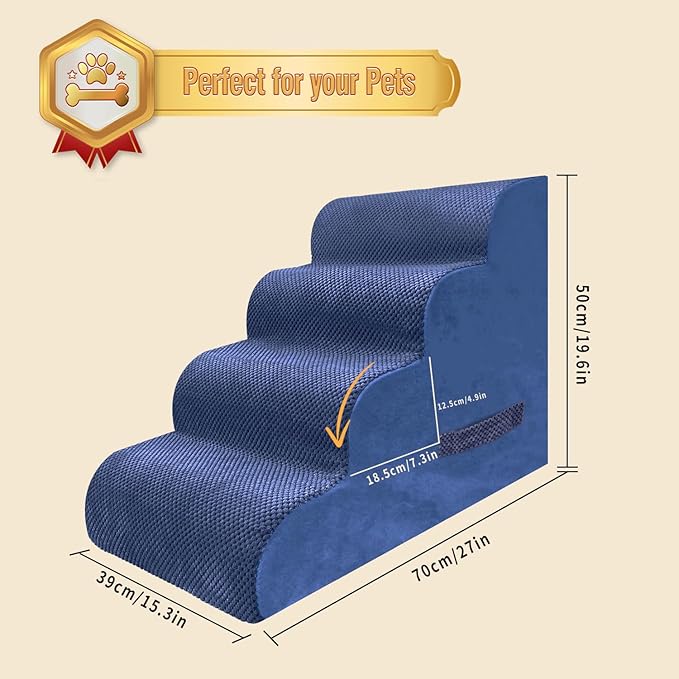 PAWSCART Dog Stairs for Small Dogs and Cats, 4-Step Dog Steps for Bed, 19.6" H Pet Stairs for High Bed, Pet Ramp for Couch, Sofa, Non-Slip Surface Removable Washable Cover, Blue