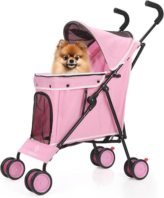 Umbrella Dog Stroller, 4 Wheels Pet Strolling, Foldable Carrier Pet Stroller for Small Dogs Cats, with Carrying Strap and Cup Holder, Dog Poop Bags & Dispenser, Up to 33 lbs, Pink