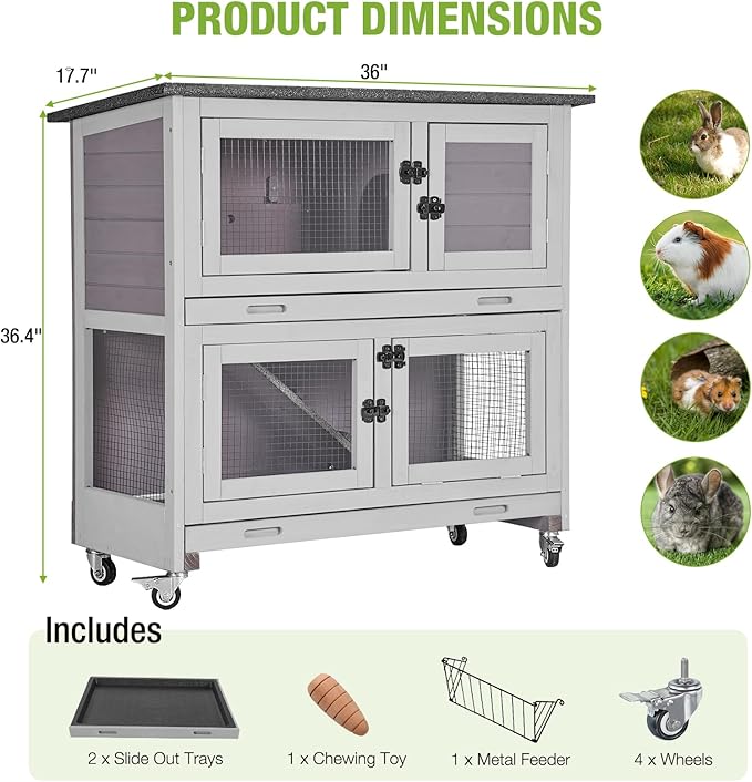 Gutinneen 2-Story Rabbit Hutch with Chew-Proof Ramp, 36" Indoor/Outdoor Rabbit Cage with 4 Casters & 2 Pull-Out Trays, Wooden Bunny Hutch Leakproof Small Animal Cage for Rabbits, Guinea Pigs