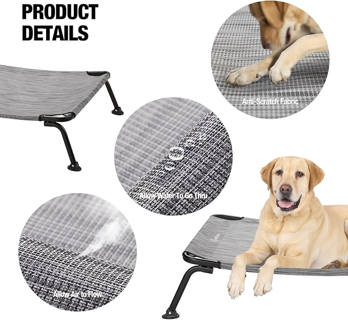 Veehoo Outdoor Elevated Dog Bed, Cooling Raised Dog Cot Bed XL, Portable Waterproof Curved Dogs Hammock Beds for Outside, up to 150lbs, Black Legs, Black Silver 49"