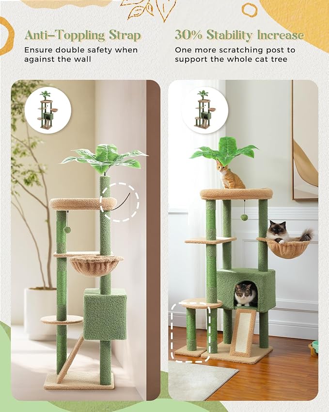 PEQULTI 53'' Cat Tree for Indoor Cats, Large Condo, Sisal Scratching Posts, Hammock & Perch, Fresh Cactus Design, Sturdy, Multi-Level