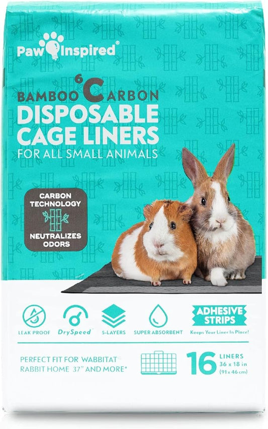Paw Inspired Disposable Guinea Pig Cage Liners | Bamboo Charcoal Odor Controlling | Super Absorbent Liners Pee Pads for Ferrets, Rabbits, Hamsters, and Small Animals (36x18 (Wabbitat 37") - 16 ct)