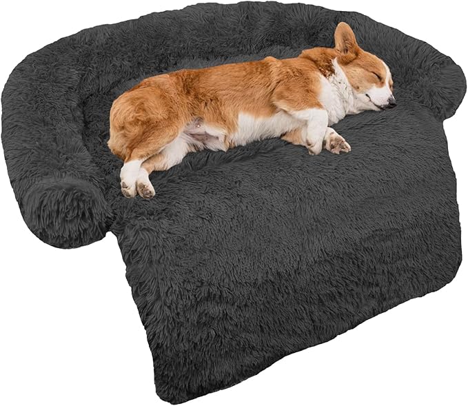 Calming Dog Bed Fluffy Plush Dog Mat for Furniture Protector with Removable Washable Cover for Large Medium Small Dogs and Cats (Medium(41x37x6), Dark Grey)