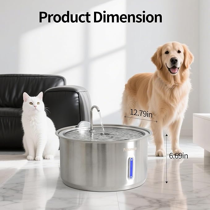 Large Dog Water Fountain, Petsamuse 11L/2.8Gal Automatic Circulating Stainless Steel Water Bowl Dispenser with 15 Replacement Filters, 2 Ultra Quiet Pumps, 2 Spray Modes and a Brush for Multi-Pet