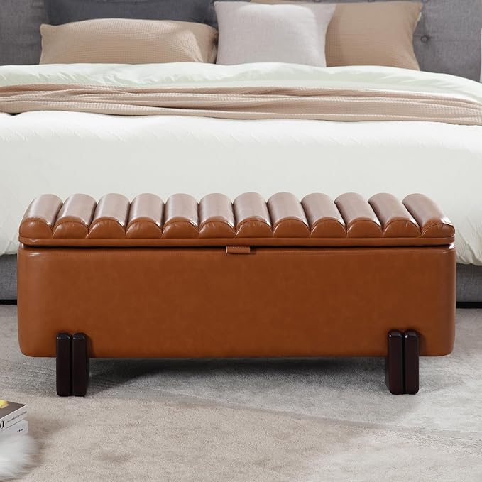 Kmax 45" Storage Bench PU Leather Entryway Bench Upholstered Ottoman Bench with Wavy Top & Safty Hinge for Bedroom Living Room Hallway, Brown