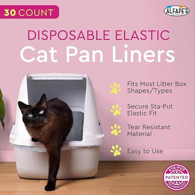 Alfapet Elastic Cat Litter Box Liners - Extra Giant 30 Count - Tear-Resistant Cat Litter Bags - Waterproof Kitty Litter Liners - Fits Litter box Pan Sizes XL, Giant, X-Giant, 37" x 18", 20 lb Capacity