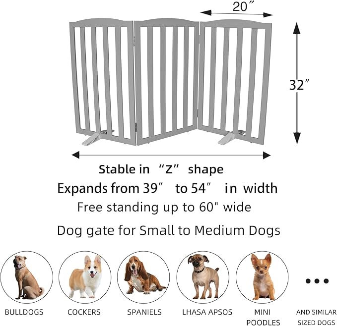 ZJSF Foldable Freestanding Indoor Dog Gate for House Wood Long Pet Gates Dog Fence for Stairs Puppy Gates for Hallways, Puppy Gate,Support Feet Included, Grey, 32 "Height-3 Panels