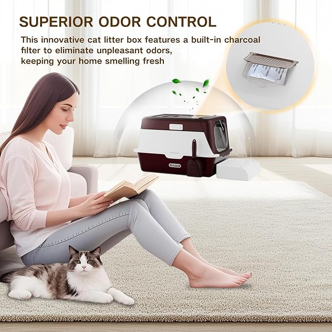 XX-Large Stainless Steel Cat Litter Box with Lid – Fully Enclosed Large Litter Box for Big Cats, Odor Control with Magnetic Door, Easy Clean, Multi-Cat Durable Metal Pan (Burgundy)