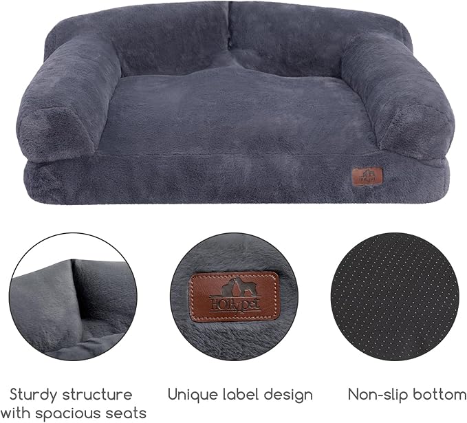Hollypet Fluffy Plush Pet Sofa Soft Calming Pet Sofa Beds for Medium and Large Dogs, L, Gray