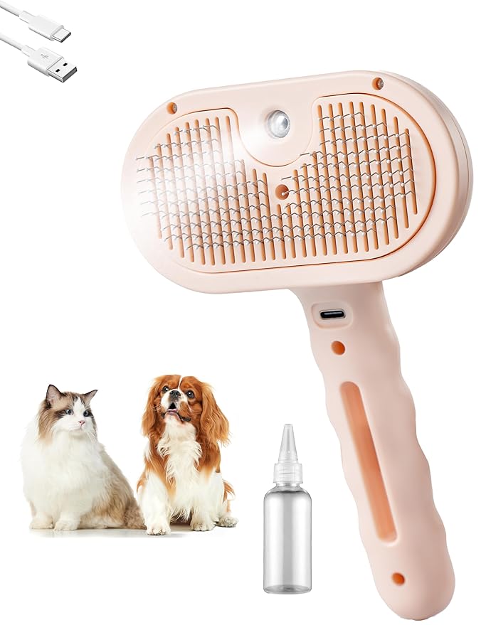 Pet Grooming Steam Brush, Pet Spray Hair Removal Comb, Anti-Static, Rechargeable, Comfortable Grip, for Dogs & Cats, Spray Hair Removal Comb, Steam Brush for Shedding & Grooming, Pink