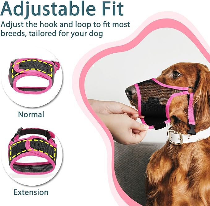 LUCKYPAW Dog Muzzle, Mesh Muzzle for Large Medium Small Dogs, Soft Mouth Guard for Biting Chewing, Breathable Mouth Guard with Adjustable Strap for Training(Hot Pink, XS(Snout:6.5"-7.5"))