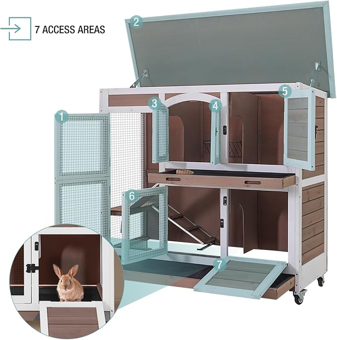 Rabbit Hutch Indoor Bunny House Guinea Pig Cage with Sliding Plastic Trays, Wheels & Ramp, 47.2" Multi-Door Wooden Small Animal Cage for Rabbits, Bunnies, and Guinea Pigs (Brown)