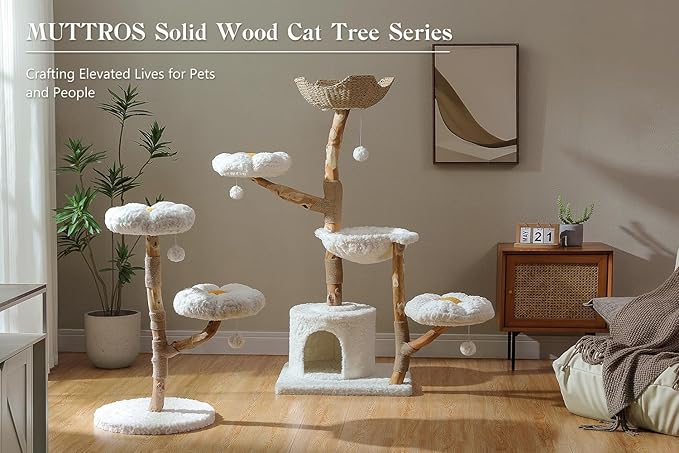 Wood Flower Cat Tree, Modern Cat Tower with Real Wood Branches, Luxury Boho Furniture with Scratching Post and 2 Perches, Cat Climbing Tower for Indoor Cats, Cloud White