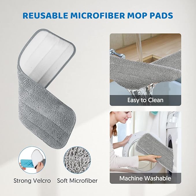 Spray Wet Mops for Hardwood Floor Cleaning - MEXERRIS Microfiber Dust Dry Mops with Spray 4 Reusable Washable Pads- Hardwood Floor Mop 2 Bottles Commercial Home Use for Laminate Wood Vinyl Tiles