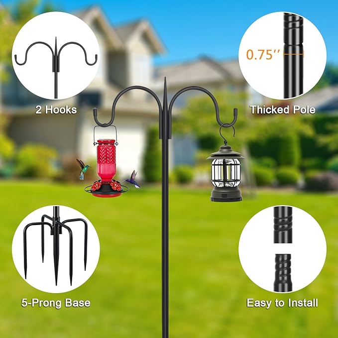 FEED GARDEN Adjustable Double Shepherds Hook for Outdoor with 5 Prong Base 76 Inch Heavy Duty Two Sided Bird Feeder Pole for Hanging Plant Baskets, Solar Light Lanterns, Wind Chimes 2 Pack