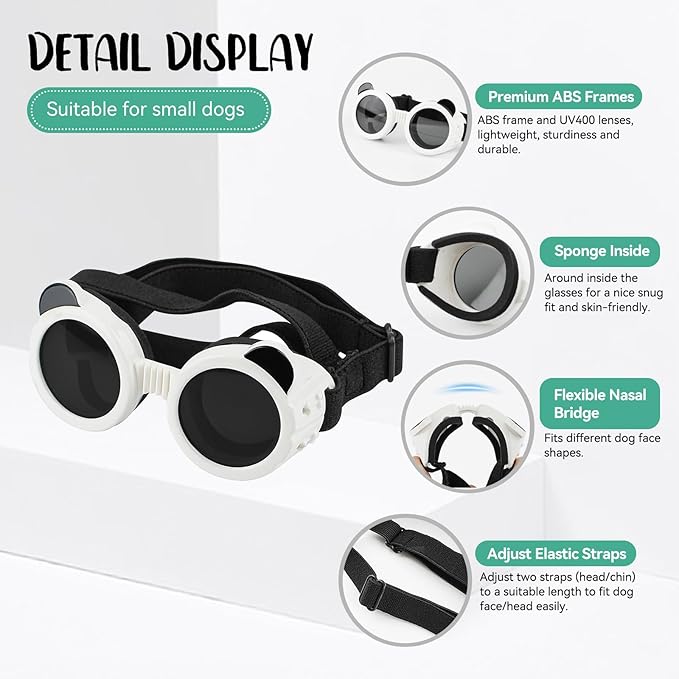Lesypet Dog Sunglasses Small Breed, Dog Goggles for Small Dogs Eye Protection Windproof Doggie Glasses for Outdoor Driving Hiking UV Protection, White