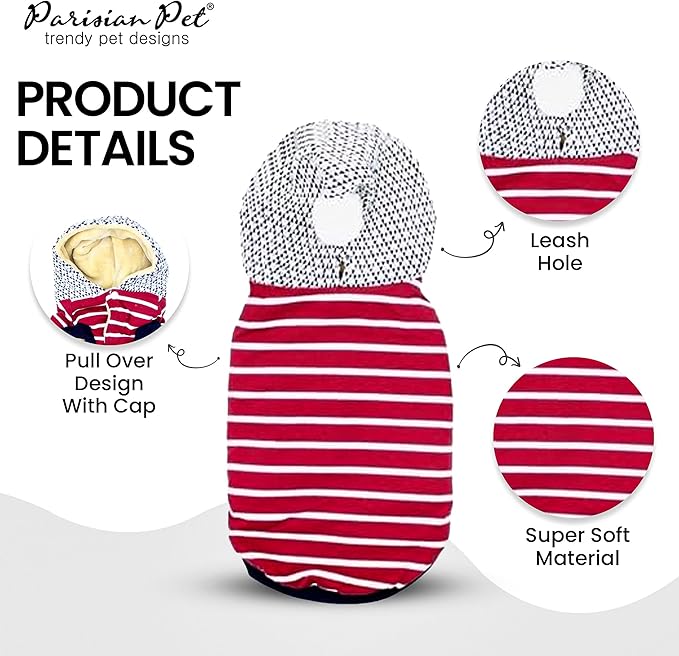 Parisian Pet Basic Hoodie - Lightweight Red Striped Pom Pom Sweatshirt for Dogs - Pullover With Leash Hole and Pockets - Clothes for Large Dogs - 2XL