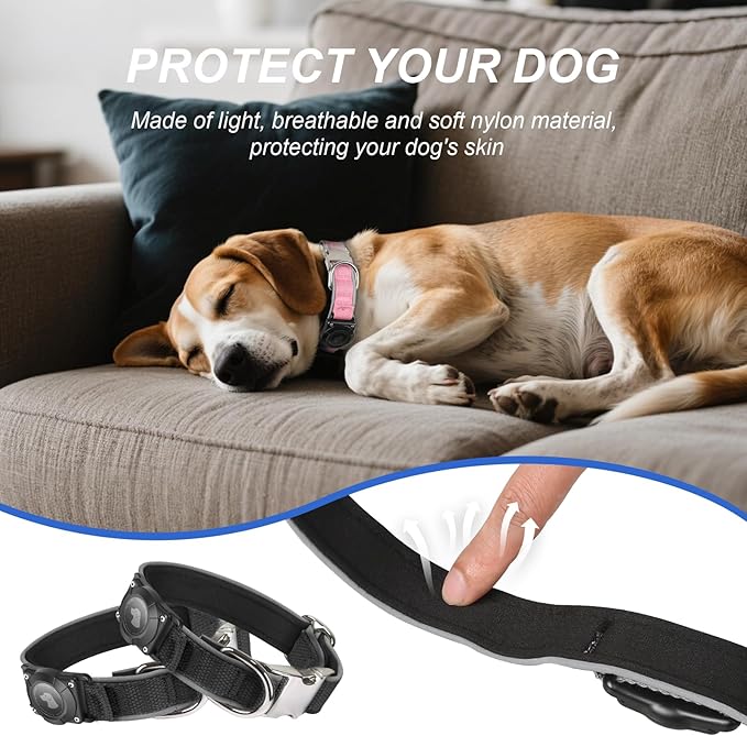 Waterproof Airtag Dog Collar - Nylon Collar with Durable Airtag Holder, Reflective&Anti-Lost with Safety Metal Buckle, Soft Padded Adjustable for Small Medium Large Dogs Black M