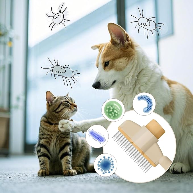 Pet Hair Removal Comb Flea Comb, New Cat Brush with Release Button Pet Hair Grooming Brush Supplies (GREEN)