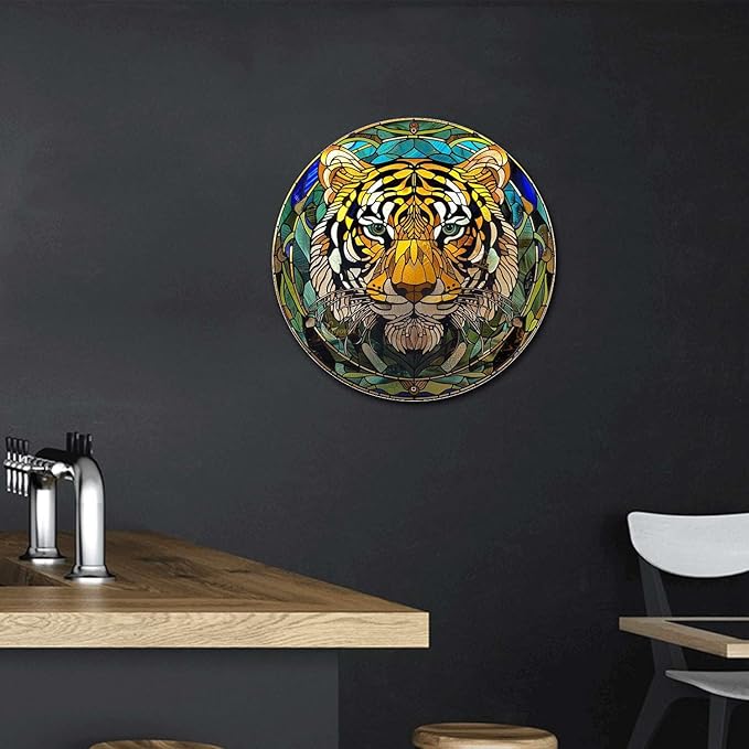 Lygond Metal Sign Tin Sign Circular Stained Glass Tigle Gardening Poster For Garage 12×12 Inches