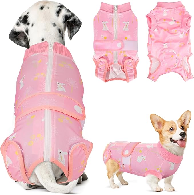 Lukovee Recovery Suit for Dogs, Zipper-On Onesie for Female Male Dog, Abdominal Wounds Cone E-Collar Alternative, Prevent Licking Spay (4XL, A-Pink)