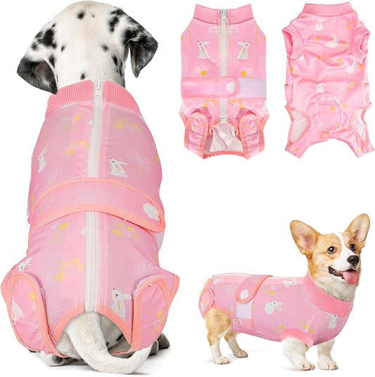 Lukovee Recovery Suit for Dogs, Zipper On Recovery Suit for Female Male Dog, Onesie Abdominal Wounds Cone E-Collar Alternative Prevent Licking Spay Recovery Suit (Medium, A-Pink)