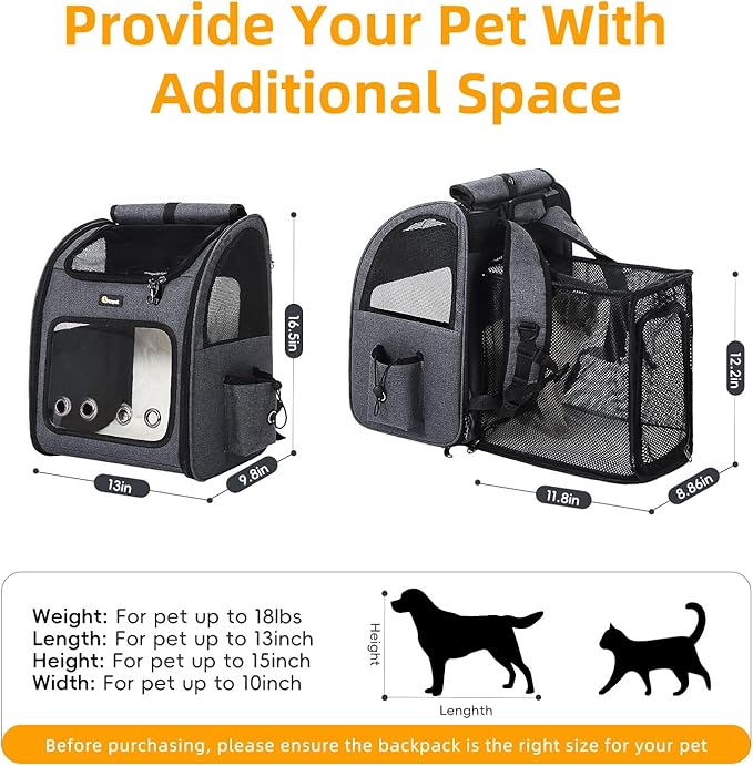 Hoopet Expandable Cat Backpack Carrier – Breathable Pet Carrier for Small Cats & Dogs, Foldable Travel Backpack with Mesh Ventilation for Hiking, Walking, Camping, Dark Grey