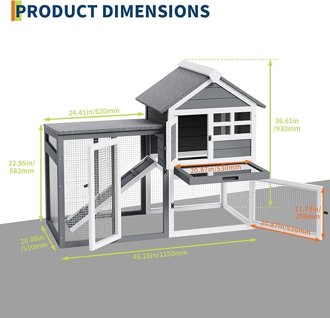 Rabbit Hutch 2-Tier, Small Wooden Chicken Coop for Outdoor Use - Weatherproof Small Animal Hutch with Non-Slip Ramp, 4 Access Doors & Removable Tray for Rabbits, Guinea Pigs, Ferrets (Indoor/Outdoor)