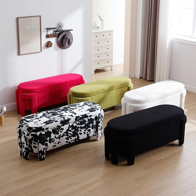 Modern Upholstered Storage Bench, Boucle Sherpa Fabric 50" Long Entryway Bench with Storage and Seating, Comfy Cute Ottoman Bench for Living Room/End of Bed/Hallway, White