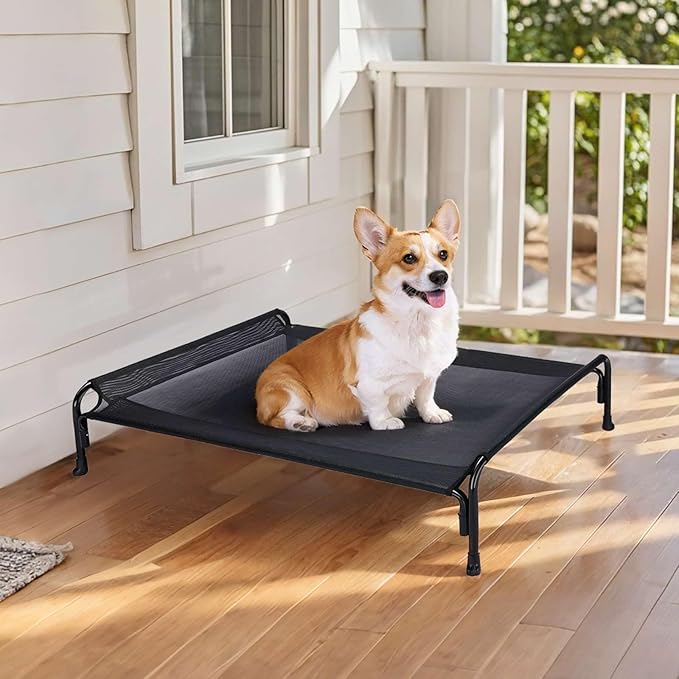 Veehoo Outdoor Elevated Dog Bed, Raised Dog Cot for Small Medium Dogs, Cooling Washable Waterproof Pet Hammock Beds with Slope Headrest, Breathable Mesh and Sturdy Frame, M, Black, CWC2204