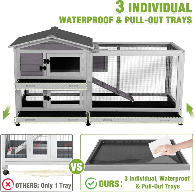 GUTINNEEN Rabbit Hutch Indoor with Chew-Proof Ramp, 62" L Wooden Rabbit Cage with 6 Casters, Bunny Cage with 2 Trays and 2 Story for Small to Medium Animals (Gray)