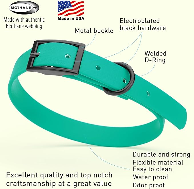 Dogline Biothane Waterproof Dog Collar Strong Coated Nylon Webbing with Black Hardware Odor- Proof for Easy Care Easy to Clean High Performance Fits Small Medium or Large Dogs, Teal