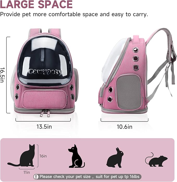 Cat Backpack Carrier, Breathable Cat Carrier Large Space Bubble Pet Backpack for Kitty Small Dog up to 15lbs, Transparent & Foldable Pet Carrier for Travel Hiking（Pink）