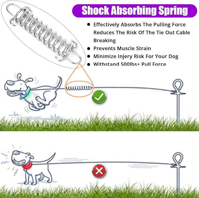 Jenico Dog Tie Out Cable, 10/15/20/30/40/50/70/100/150FT Runner Cable with Swivel Hook and Shock Spring, Outdoor and Camping Dog Leash Run Tether for Small to Medium Pets Up to 500 LBS