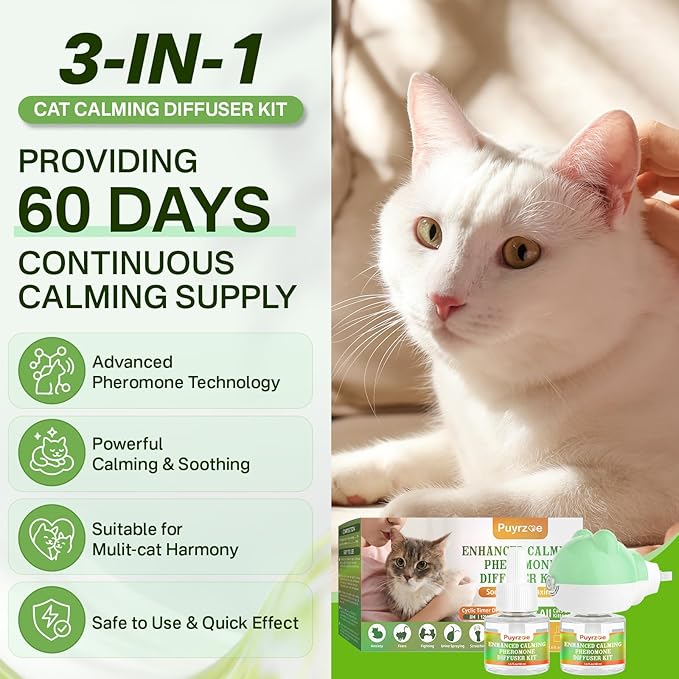 Cat Calming Diffuser with Three Timing Functions, 3-in-1 Cat Pheromones Calming Diffuser Kit, 60-Day Anxiety Relief, Stress Reduction & Relaxation for All Cats (1 Diffuser + 2 Refills)