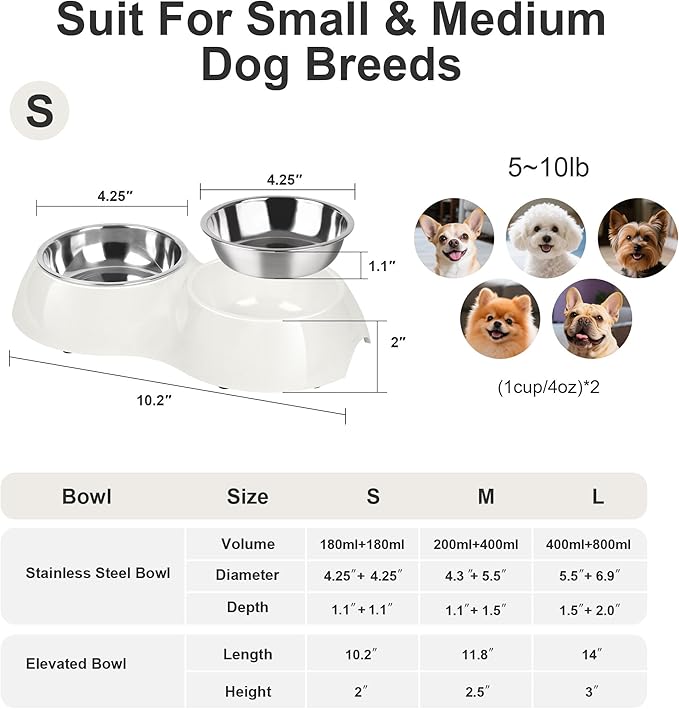 Stainless Steel Dog Bowls Set – Dual Non-Slip Pet Dishes with 2 Small (4oz*2) Bowls & Durable Resin Stand,Food & Water Feeder for Puppies, Kittens, and Small Breed Dogs– White