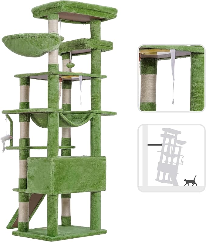 Heybly Tall Cat Tree,78 inch Multi-Level Cat Tower for Indoor Cats, 2 Widened Plush Perches Cat Condo with Scratching Board and Big Caves, Green HCT033GR
