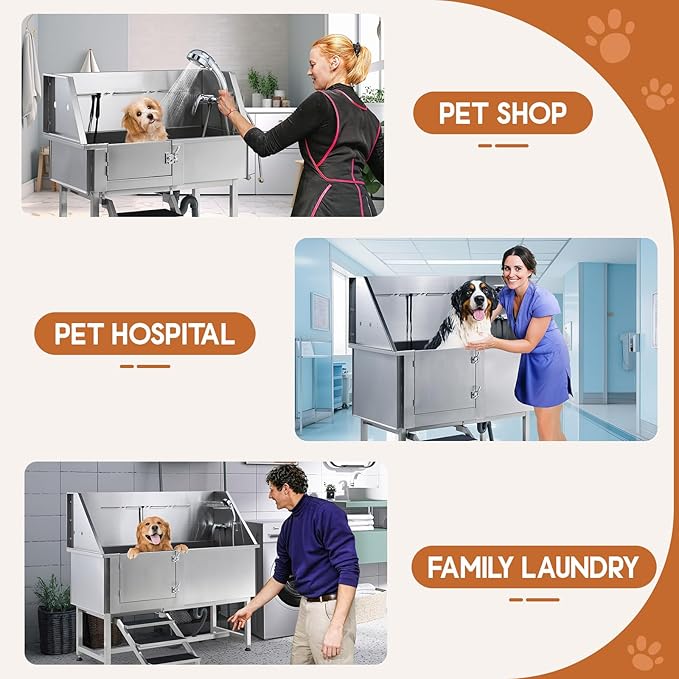 Albott 60 Inch Stainless Steel Dog Washing Station with Anti-Slip Steps, Sprayer, Faucet, Soap Box, Tow Rope – Professional Pet Bathtub for Large Pets, Ideal for Home, Garage, and Grooming(Left)