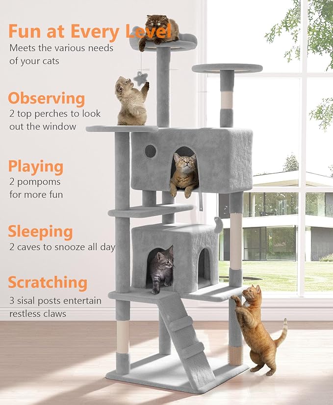 70'' Cat tree Tower for Indoor Cats Large Adult,Cute/Tall Modern Cat Tree for Big Cats 20 lbs,Plush Multi-Level Cat Condo with Scratching Posts,Dangling Ball for fun play(Light Gray, 70 inch)