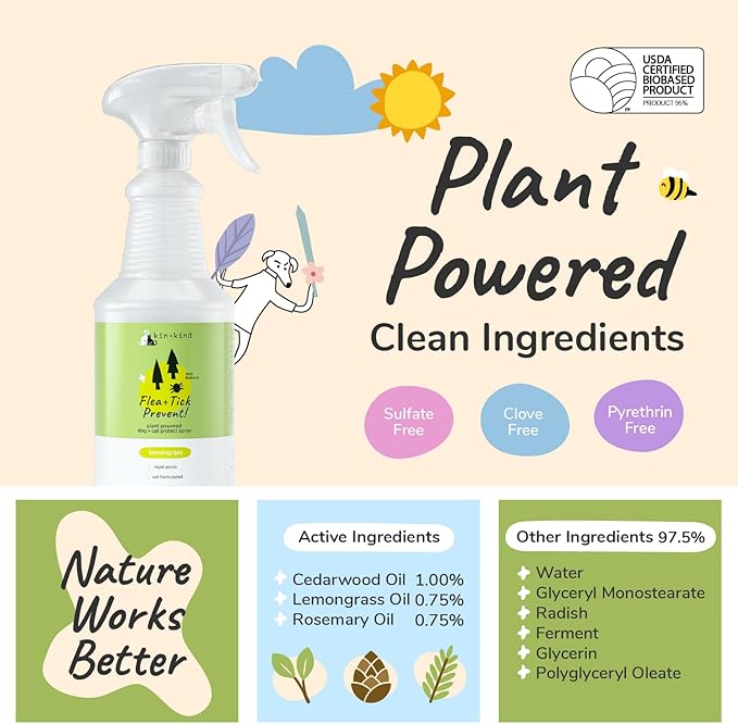 kin+kind Plant Based Flea and Tick Spray for Dogs and Cats – Essential Oil Formula with Lemongrass – Flea and Tick Prevention for Cats, Kittens, Puppies & Dogs - Pet Supplies - Family Safe – 32 fl oz